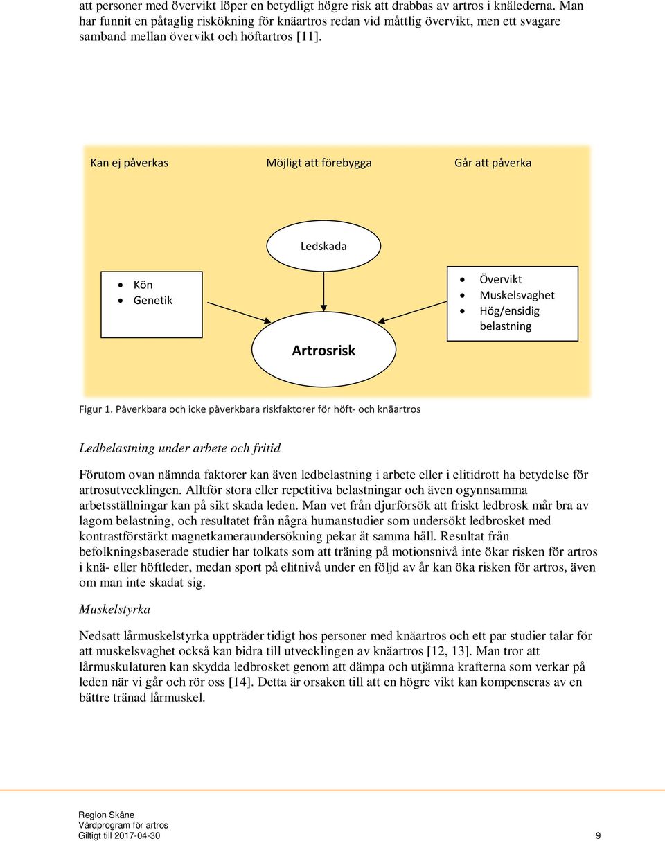 Kan ej påverkas Möjligt att förebygga Går att påverka Ledskada Kön Genetik Artrosrisk Övervikt Muskelsvaghet Hög/ensidig belastning Figur 1.