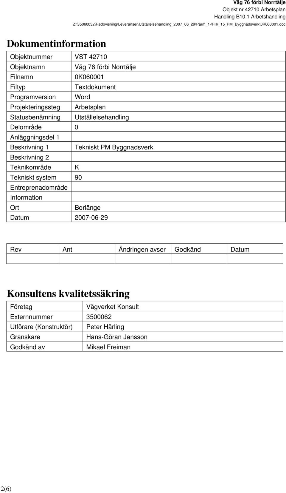 2 Teknikområde K Tekniskt system 90 Entreprenadområde Information Ort Borlänge Datum 2007-06-29 Rev Ant Ändringen avser Godkänd Datum Konsultens