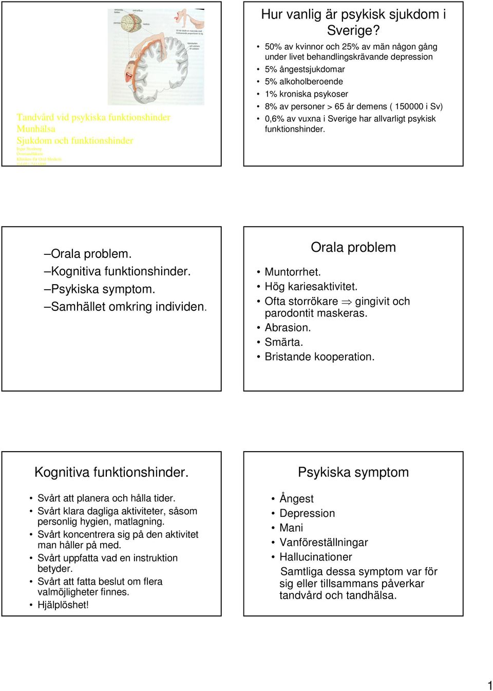 vuxna i Sverige har allvarligt psykisk funktionshinder. Orala problem. Kognitiva funktionshinder. Psykiska symptom. Samhället omkring individen. Orala problem Muntorrhet. Hög kariesaktivitet.