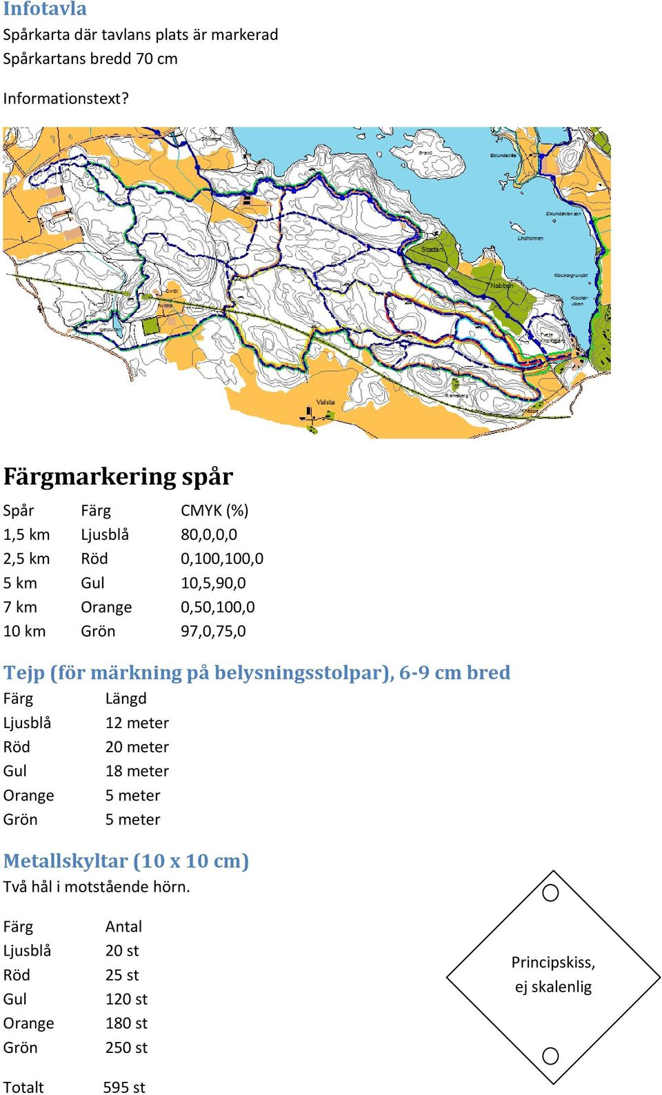 Grön 97,0,75,0 Tejp (för märkning på belysningsstolpar), 6-9 cm bred Färg Längd Ljusblå 12 meter Röd 20 meter Gul 18 meter Orange 5