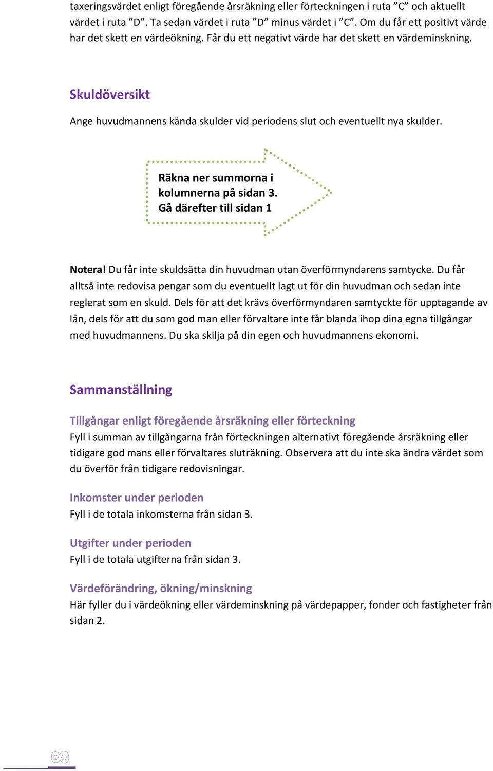 Skuldöversikt Ange huvudmannens kända skulder vid periodens slut och eventuellt nya skulder. Räkna ner summorna i kolumnerna på sidan 3. Gå därefter till sidan 1 Notera!