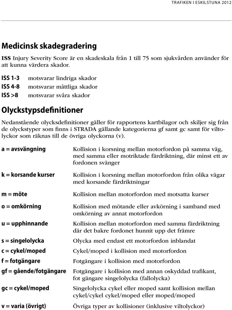 sig från de olyckstyper som finns i STRADA gällande kategorierna gf samt gc samt för viltolyckor som räknas till de övriga olyckorna (v).