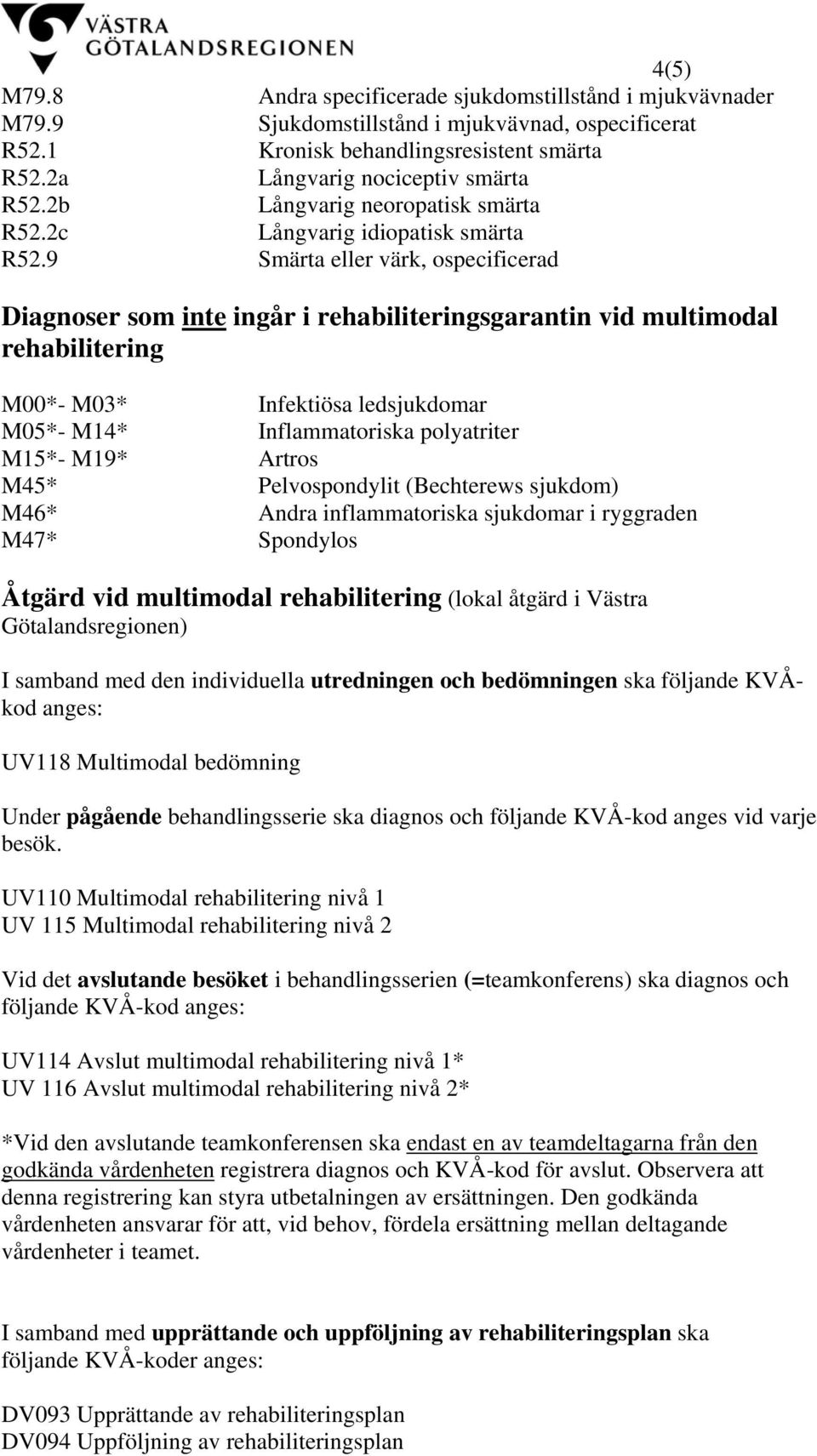 9 Smärta eller värk, ospecificerad Diagnoser som inte ingår i rehabiliteringsgarantin vid multimodal rehabilitering M00*- M03* Infektiösa ledsjukdomar M05*- M14* Inflammatoriska polyatriter M15*-