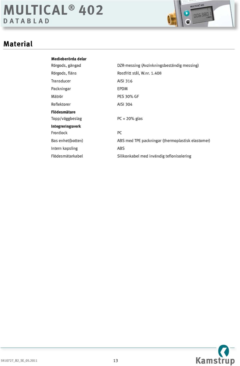 408 Transducer AISI 316 Packningar EPDM Mätrör PES 30% GF Reflektorer AISI 304 Flödesmätare Topp/väggbeslag PC +