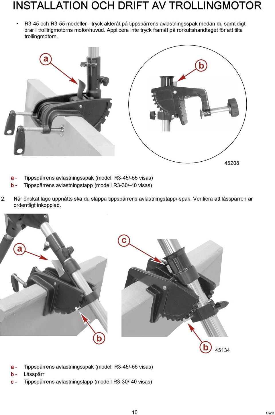 a b 45208 a - b - Tippspärrens avlastningsspak (modell R3-45/-55 visas) Tippspärrens avlastningstapp (modell R3-30/-40 visas) 2.