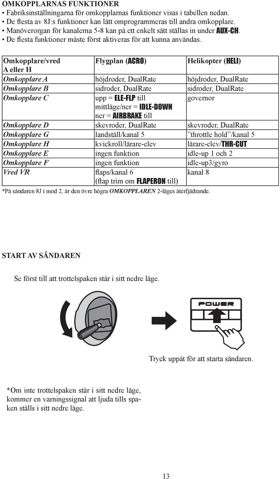 Omkopplare/vred Flygplan (ACRO) Helikopter (HELI) A H Omkopplare A höjdroder, DualRate höjdroder, DualRate Omkopplare B sidroder, DualRate sidroder, DualRate Omkopplare C upp = ELE-FLP till governor