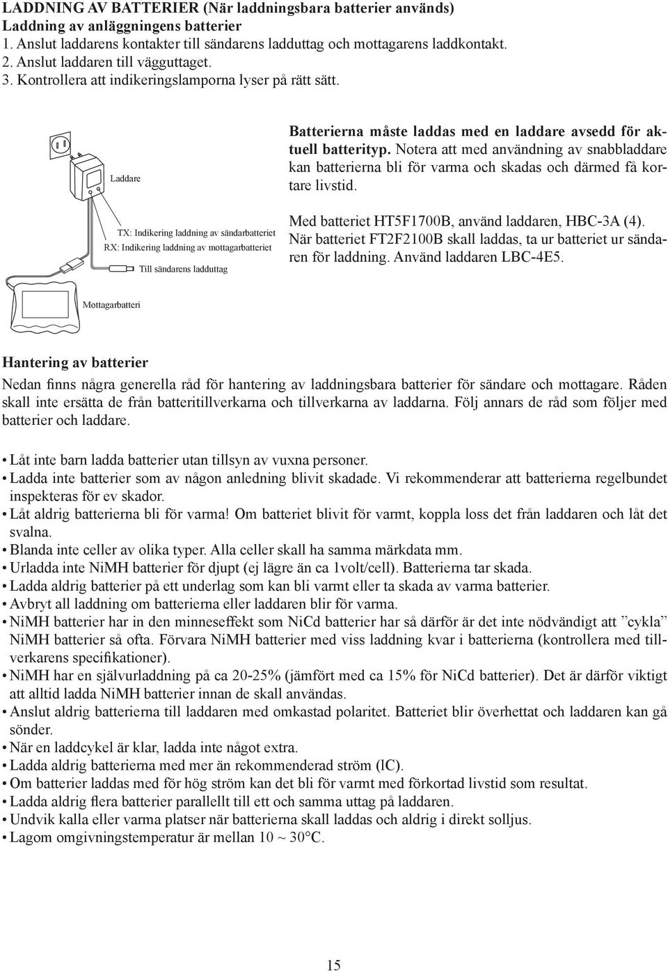 Laddare TX: Indikering laddning av sändarbatteriet RX: Indikering laddning av mottagarbatteriet Till sändarens ladduttag Batterierna måste laddas med en laddare avsedd för aktuell batterityp.