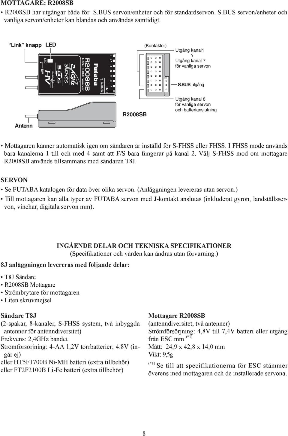BUS utgång R2008SB Utgång kanal 8 för vanliga servon och batterianslutning Antenn Mottagaren känner automatisk igen om sändaren är inställd för S-FHSS FHSS.