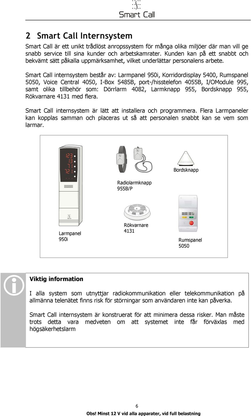 Smart Call itersystem består av: Larmpael 950i, Korridordisplay 5400, Rumspael 5050, Voice Cetral 4050, I-Box 5485B, port-/hisstelefo 4055B, I/OModule 995, samt olika tillbehör som: Dörrlarm 4082,