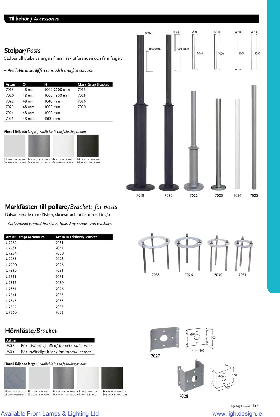 nr Ø H Markfäste/Bracket 7018 48 mm 1000-2500 mm 7033 7020 48 mm 1000-1800 mm 7026 7022 48 mm 1040 mm 7026 7023 48 mm 1000 mm 7030 7024 48 mm 1000 mm - 7025 48 mm 1500 mm - 33 alu struktur 54 grafit