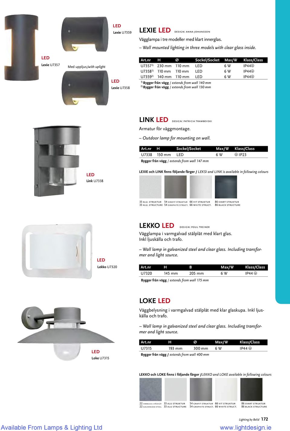 nr H Ø Sockel/Socket Max/W Klass/Class U7357 1) 230 mm 110 mm 6 W IP44 U7358 2) 110 mm 110 mm 6 W IP44 U7359 2) 140 mm 110 mm 6 W IP44 1) Bygger från vägg / extends from wall 140 mm 2) Bygger från