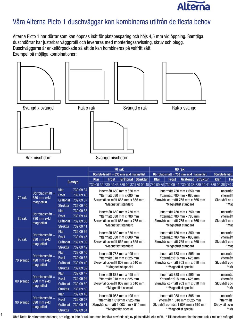 Exempel på möjliga kombinationer: Svängd x svängd Rak x rak Svängd x rak Rak x svängd Rak nischdörr Svängd nischdörr 4 70 rak 80 rak 90 rak 70 svängd 80 svängd 90 svängd 630 mm exkl 730 mm exkl 830
