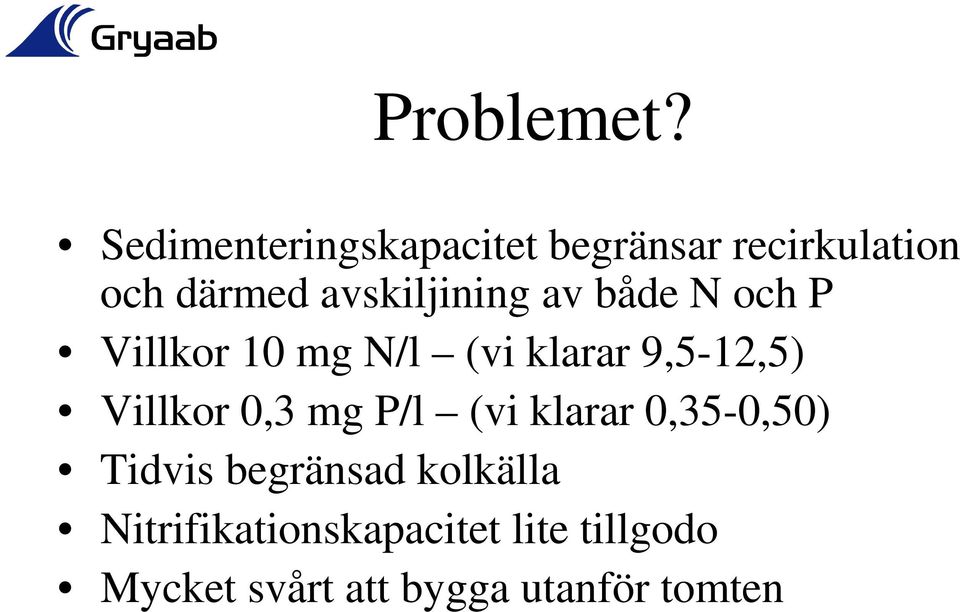 avskiljining av både N och P Villkor 10 mg N/l (vi klarar 9,5-12,5)