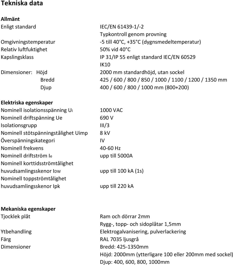 toppströmtålighet huvudsamlingsskenor Ipk IEC/EN 61439-1/-2 Typkontroll genom provning -5 till 40 C, +35 C (dygnsmedeltemperatur) 50% vid 40 C IP 31/IP 55 enligt standard IEC/EN 60529 IK10 2000 mm