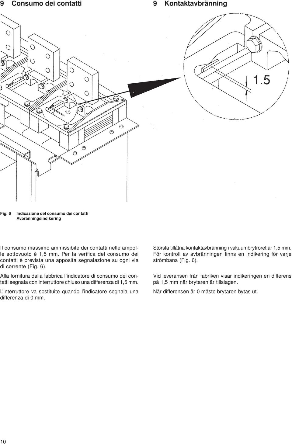 Alla fornitura dalla fabbrica l indicatore di consumo dei contatti segnala con interruttore chiuso una differenza di 1,5 mm.