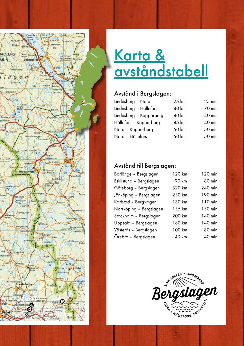 Bergslagen 90 km 80 min Göteborg Bergslagen 320 km 240 min Jönköping Bergslagen 250 km 190 min Karlstad Bergslagen 130 km 110 min Norrköping Bergslagen