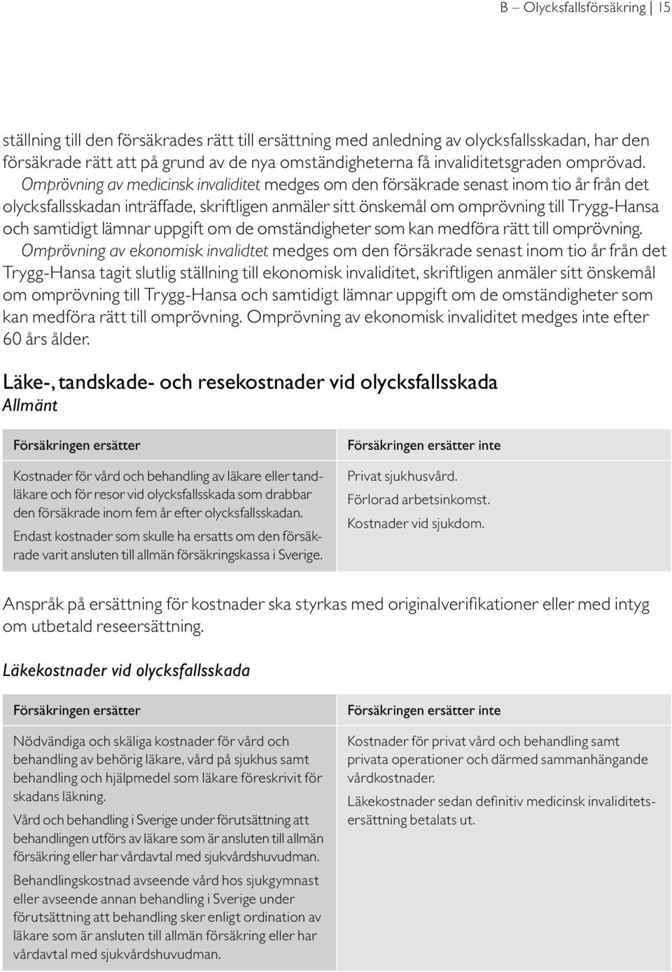 Omprövning av medicinsk invaliditet medges om den försäkrade senast inom tio år från det olycksfallsskadan inträffade, skriftligen anmäler sitt önskemål om omprövning till Trygg-Hansa och samtidigt