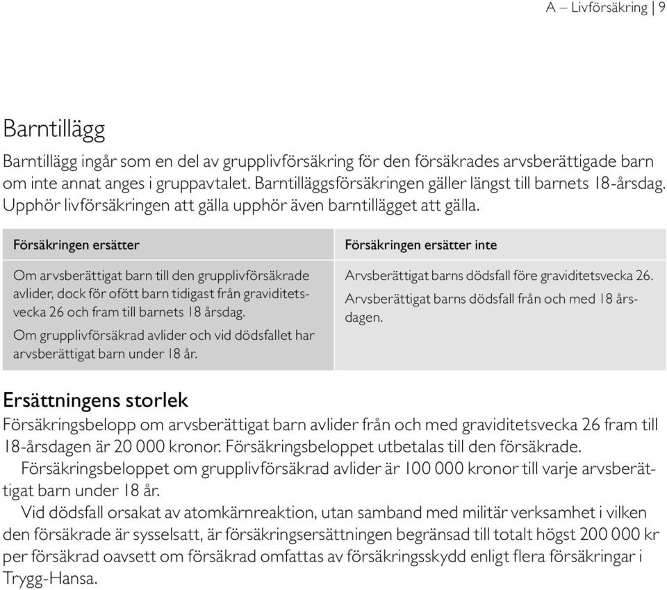 Försäkringen ersätter Om arvsberättigat barn till den grupplivförsäkrade avlider, dock för ofött barn tidigast från graviditetsvecka 26 och fram till barnets 18 årsdag.