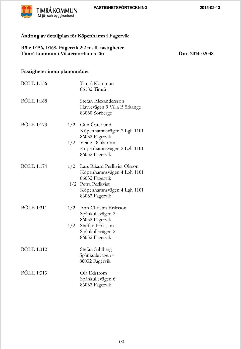 2014-02038 Fastigheter inom planområdet BÖLE 1:156 BÖLE 1:168 BÖLE 1:173 BÖLE 1:174 BÖLE 1:311 BÖLE 1:312 BÖLE 1:313 Timrå Kommun 86182 Timrå Stefan Alexandersson Havrevägen 9 Villa