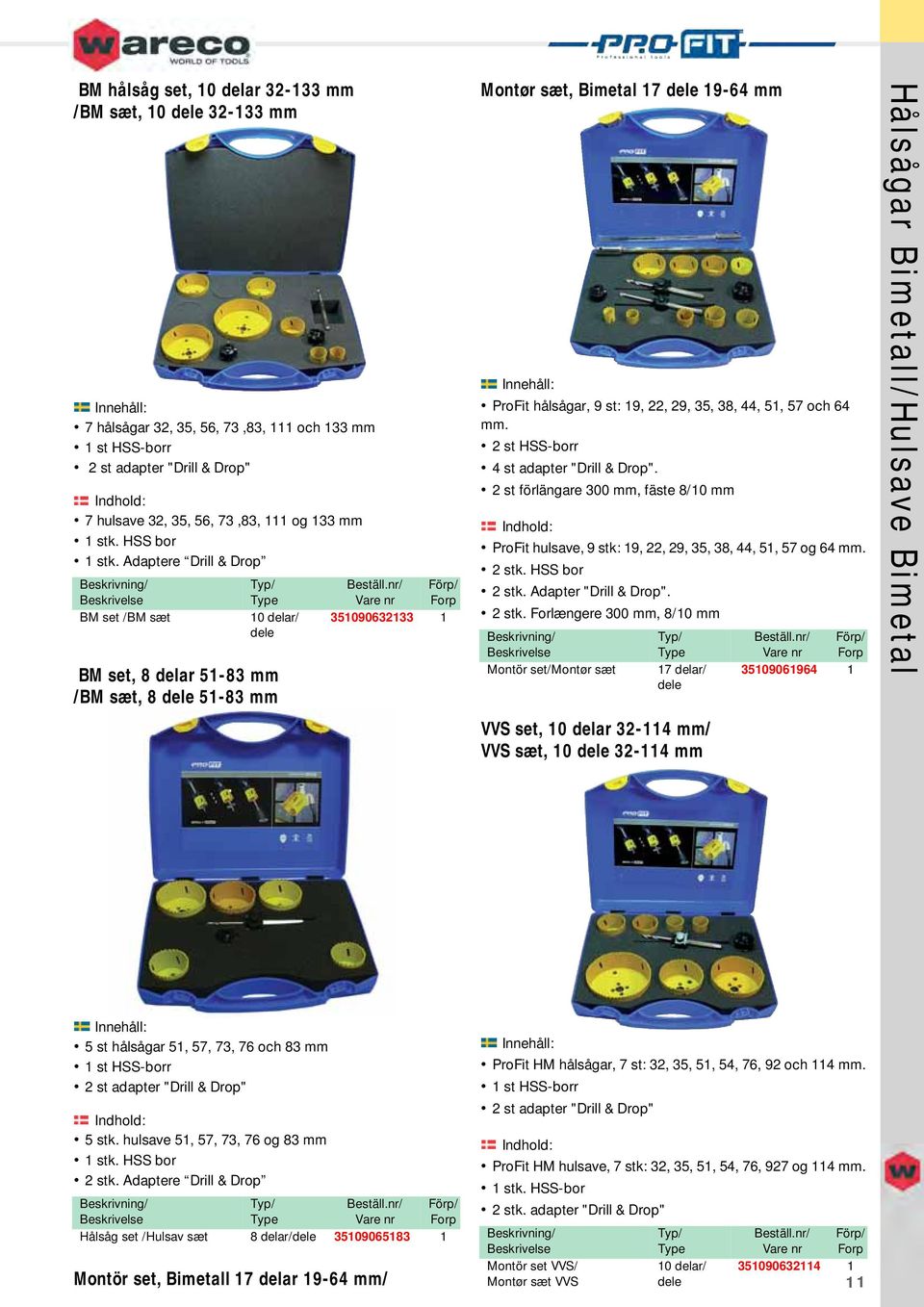 Adaptere Drill & Drop BM set /BM sæt 10 delar/ dele BM set, 8 delar 51-83 mm /BM sæt, 8 dele 51-83 mm 351090632133 1 Montør sæt, Bimetal 17 dele 19-64 mm ProFit hålsågar, 9 st: 19, 22, 29, 35, 38,