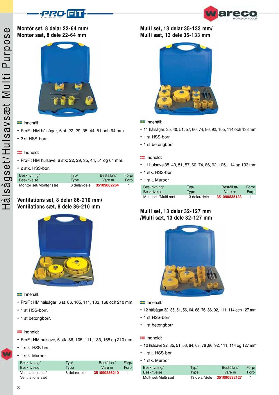 Montör set/montør sæt 6 delar/dele 35109082264 1 Ventilations set, 8 delar 86-210 mm/ Ventilations sæt, 8 dele 86-210 mm Multi set, 13 delar 35-133 mm/ Multi sæt, 13 dele 35-133 mm 11 hålsågar: 35,