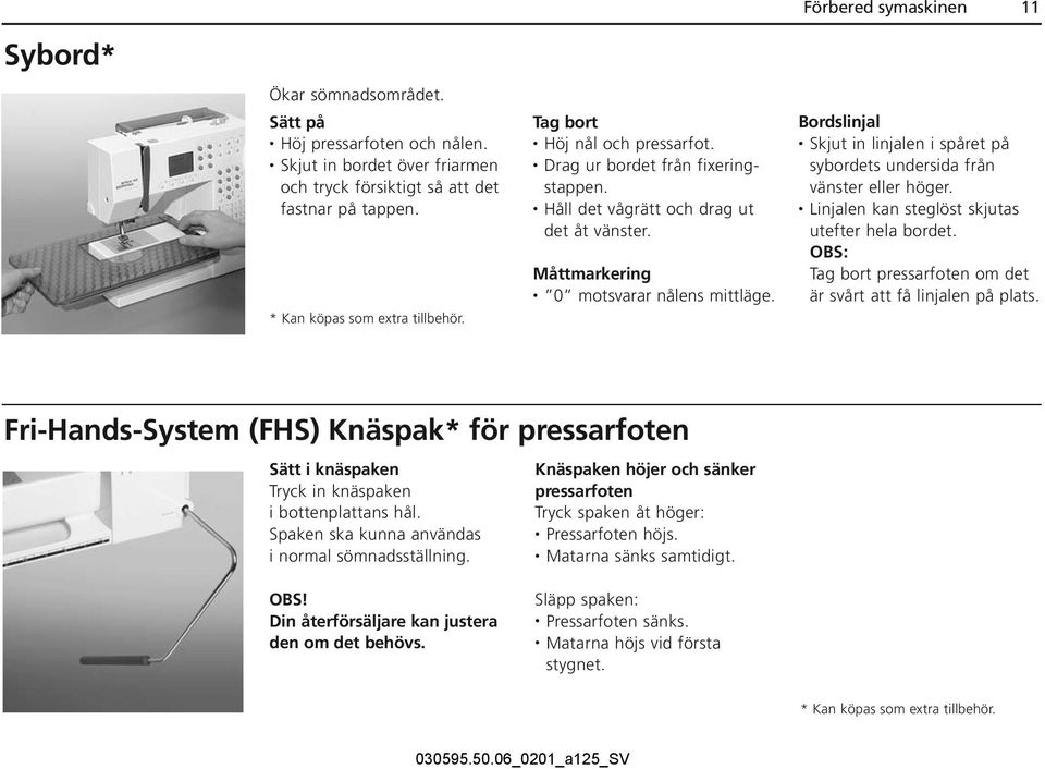 Bordslinjal Skjut in linjalen i spåret på sybordets undersida från vänster eller höger. Linjalen kan steglöst skjutas utefter hela bordet.