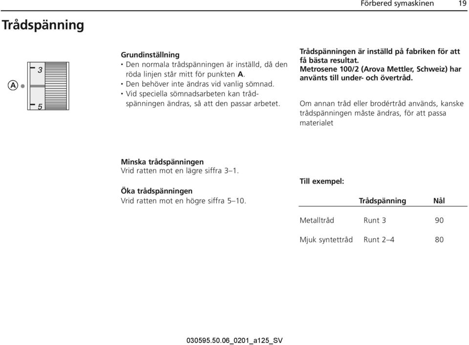 Trådspänningen är inställd på fabriken för att få bästa resultat. Metrosene 100/2 (Arova Mettler, Schweiz) har använts till under- och övertråd.