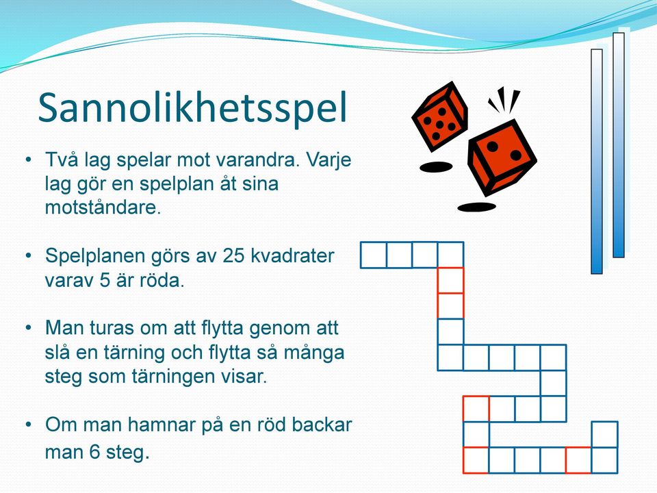 Spelplanen görs av 25 kvadrater varav 5 är röda.