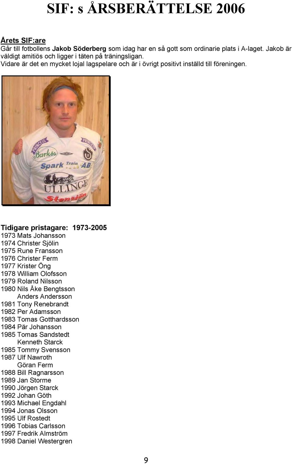 Tidigare pristagare: 1973-2005 1973 Mats Johansson 1974 Christer Sjölin 1975 Rune Fransson 1976 Christer Ferm 1977 Krister Öng 1978 William Olofsson 1979 Roland Nilsson 1980 Nils Åke Bengtsson Anders