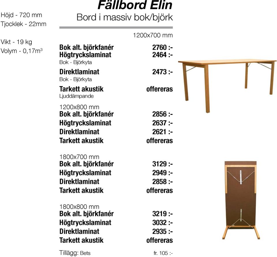 björkfanér 2856 :- Högtryckslaminat 2637 :- Direktlaminat 2621 :- 1800x700 mm Bok alt.