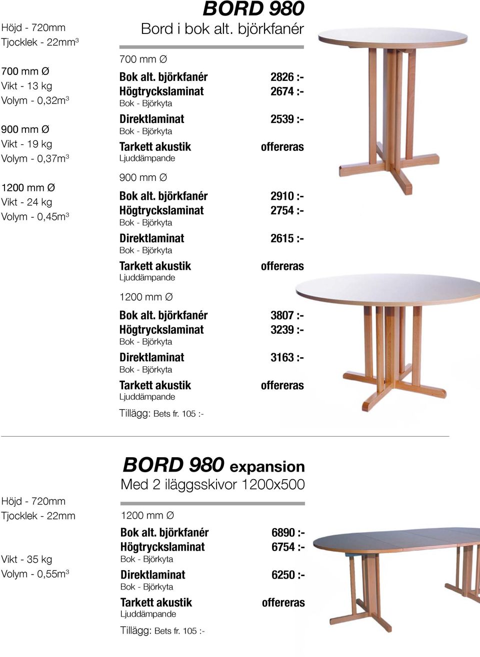 björkfanér 2910 :- Högtryckslaminat 2754 :- Direktlaminat 2615 :- 1200 mm Ø Bok alt. björkfanér 3807 :- Högtryckslaminat 3239 :- Direktlaminat 3163 :- Tillägg: Bets fr.