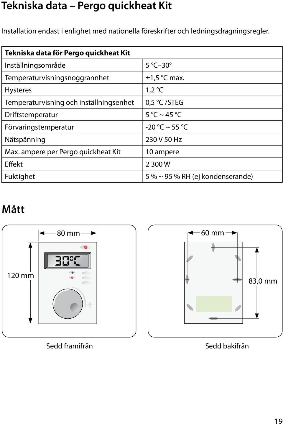 Hysteres 1,2 C Temperaturvisning och inställningsenhet 0,5 C /STEG Driftstemperatur 5 C ~ 45 C Förvaringstemperatur -20 C ~ 55 C