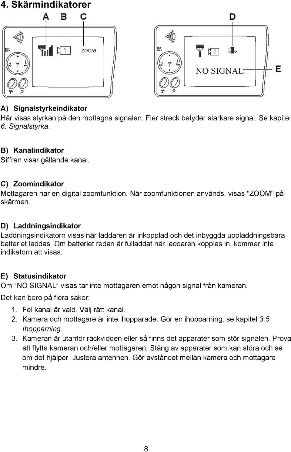 D) Laddningsindikator Laddningsindikatorn visas när laddaren är inkopplad och det inbyggda uppladdningsbara batteriet laddas.