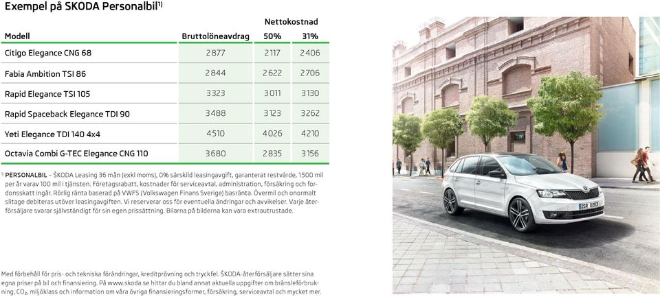 0% särskild leasingavgift, garanterat restvärde, 1 500 mil per år varav 100 mil i tjänsten. Företagsrabatt, kostnader för serviceavtal, administration, försäkring och fordonsskatt ingår.