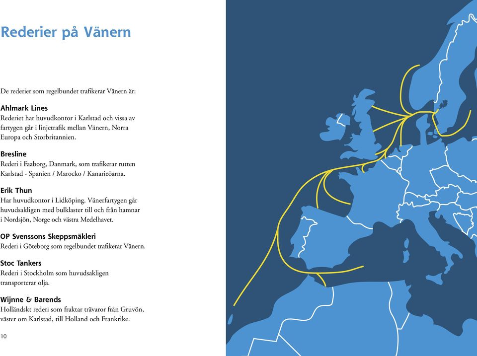 Vänerfartygen går huvudsakligen med bulklaster till och från hamnar i Nordsjön, Norge och västra Medelhavet.