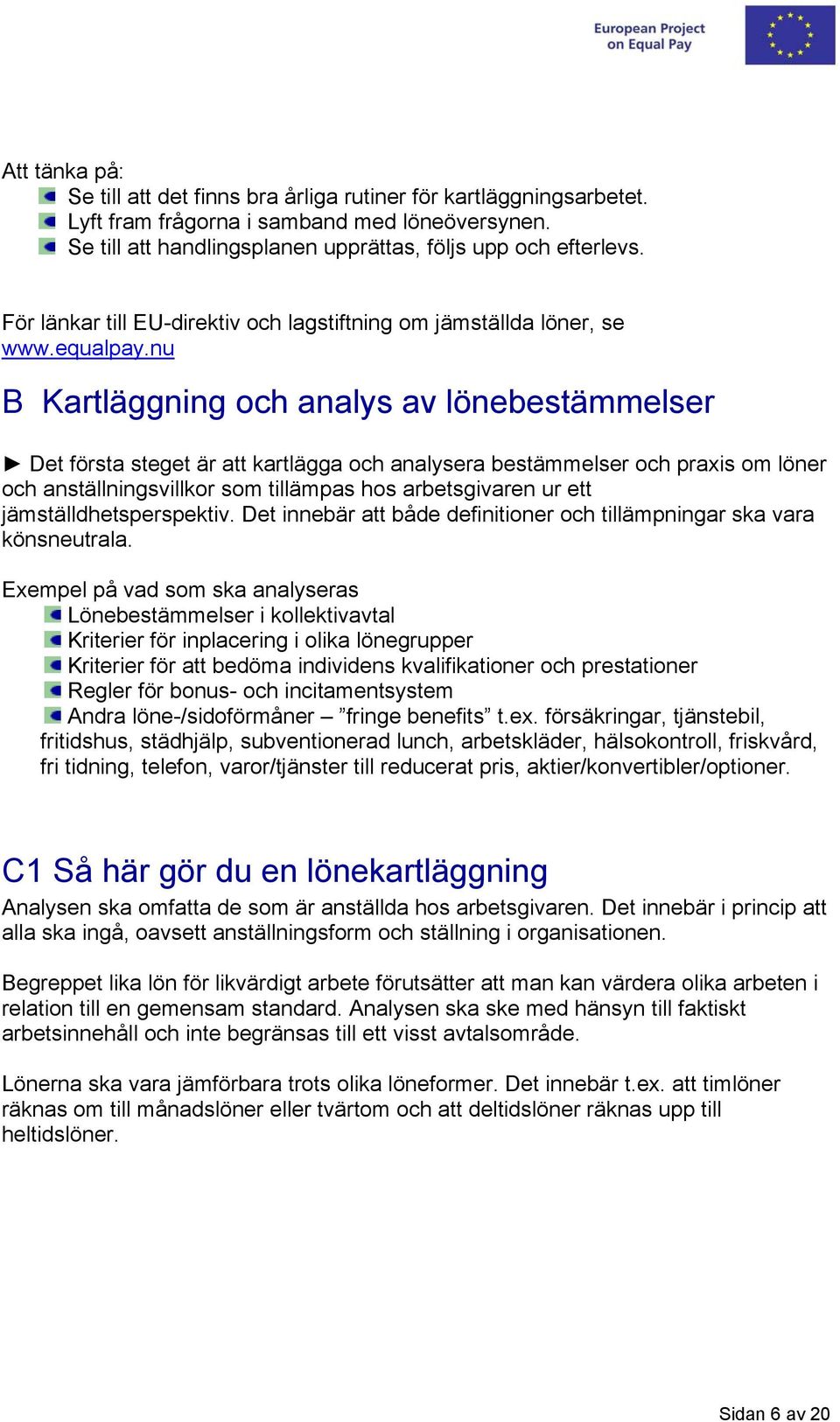 nu B Kartläggning och analys av lönebestämmelser Det första steget är att kartlägga och analysera bestämmelser och praxis om löner och anställningsvillkor som tillämpas hos arbetsgivaren ur ett