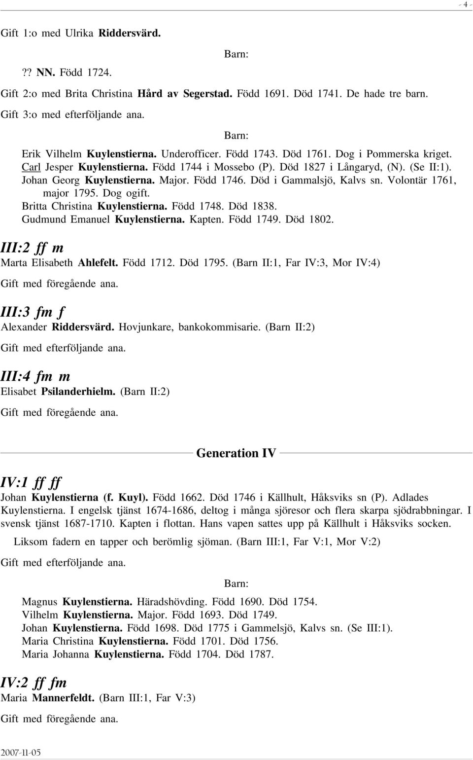 Johan Georg Kuylenstierna. Major. Född 1746. Död i Gammalsjö, Kalvs sn. Volontär 1761, major 1795. Dog ogift. Britta Christina Kuylenstierna. Född 1748. Död 1838. Gudmund Emanuel Kuylenstierna.