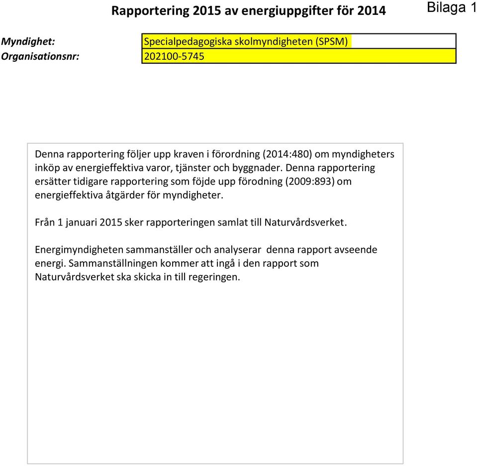 Denna rapportering ersätter tidigare rapportering som föjde upp förodning (2009:893) om energieffektiva åtgärder för myndigheter.