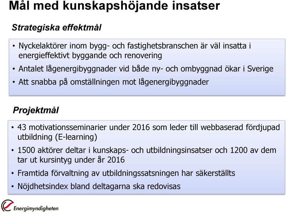 Projektmål 43 motivationsseminarier under 2016 som leder till webbaserad fördjupad utbildning (E-learning) 1500 aktörer deltar i kunskaps- och