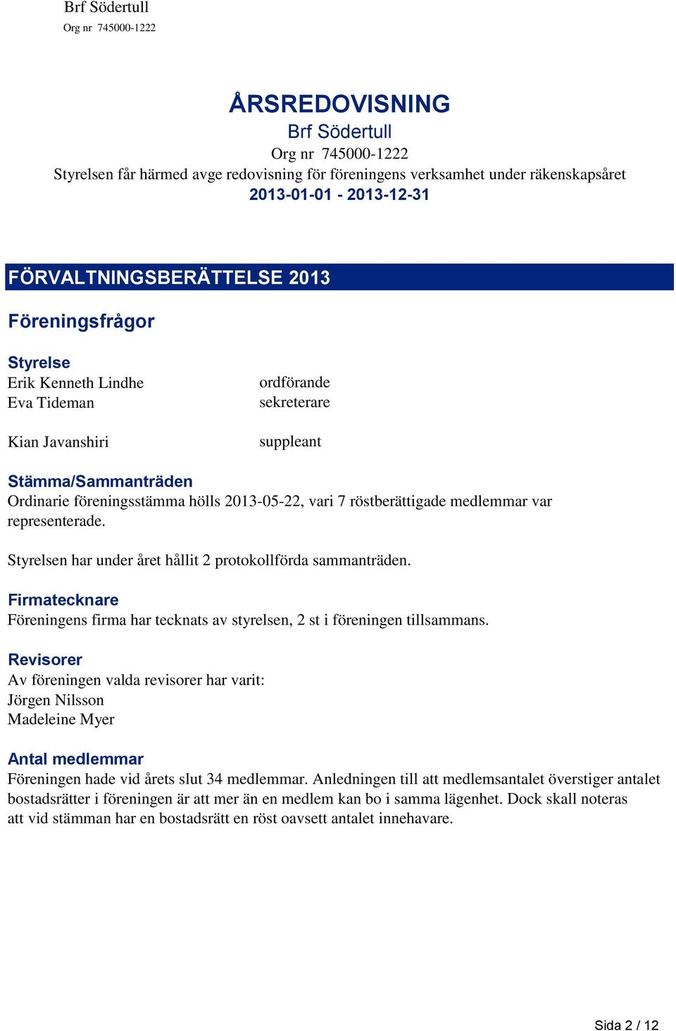 Styrelsen har under året hållit 2 protokollförda sammanträden. Firmatecknare Föreningens firma har tecknats av styrelsen, 2 st i föreningen tillsammans.