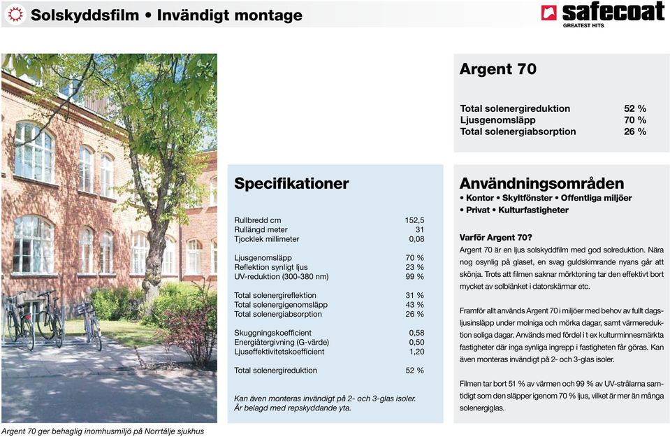 0,50 Ljuseffektivitetskoefficient 1,20 Total solenergireduktion 52 % Kan även monteras invändigt på 2- och 3-glas isoler. Är belagd med repskyddande yta.