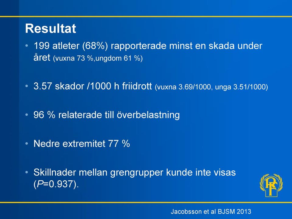 51/1000) 96 % relaterade till överbelastning Nedre extremitet 77 %