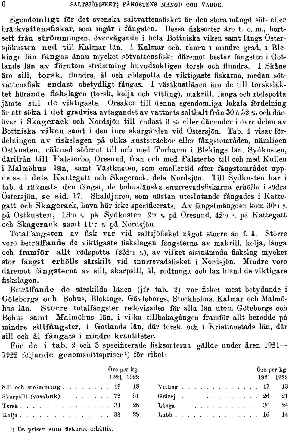 I Kalmar och, ehnru i mindre grad, i Blekinge län fångas ännu mycket sötvattensfisk; däremot består fångsten i Gotlands län av förutom strömming huvudsakligen torsk och flundra.