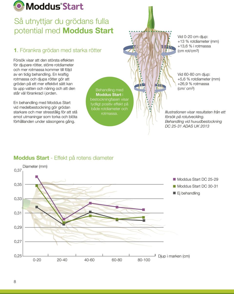rotmassa kommer till följd av en tidig behandling. En kraftig rotmassa och djupa rötter gör att grödan på ett mer effektivt sätt kan ta upp vatten och näring och att den står väl förankrad i jorden.