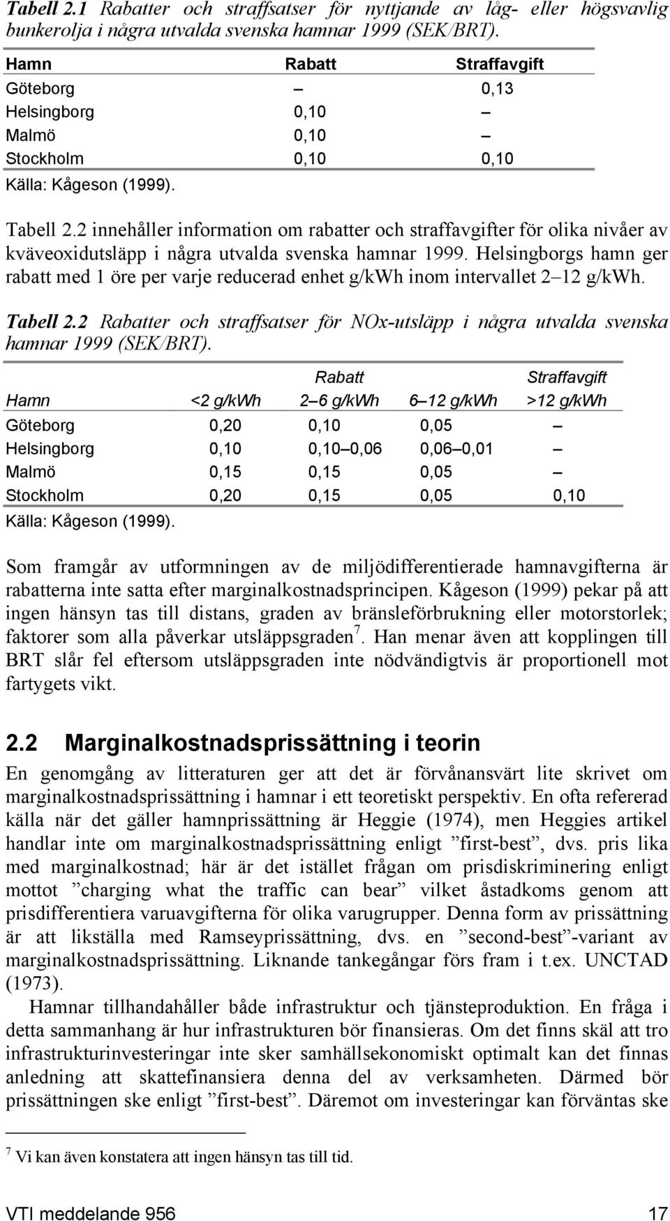 2 innehåller information om rabatter och straffavgifter för olika nivåer av kväveoxidutsläpp i några utvalda svenska hamnar 1999.