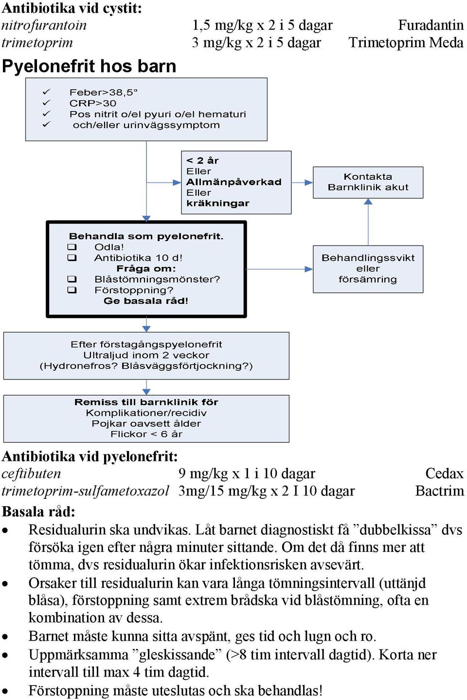 Låt barnet diagnostiskt få dubbelkissa dvs försöka igen efter några minuter sittande. Om det då finns mer att tömma, dvs residualurin ökar infektionsrisken avsevärt.