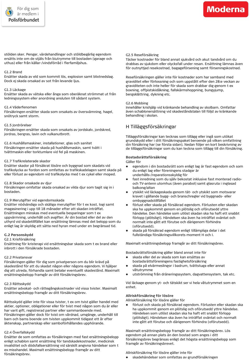 3 Läckage Ersätter skada av vätska eller ånga som oberäknat strömmat ut från ledningssystem eller anordning ansluten till sådant system. G1.