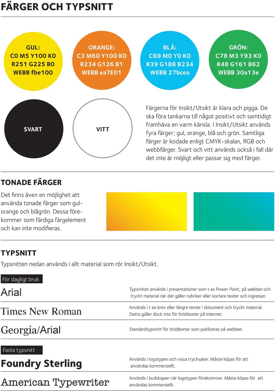 I Insikt/Utsikt används fyra färger; gul, orange, blå och grön. Samtliga färger är kodade enligt CMYK-skalan, RGB och webbfärger.