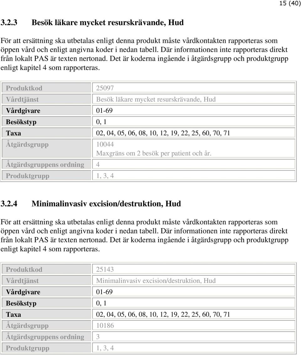 Produktkod 25097 Vårdgivare 01-69 Besökstyp 0, 1 Besök läkare mycket resurskrävande, Hud Taxa 02, 04, 05, 06, 08, 10, 12, 19, 22, 25, 60, 70, 71 Åtgärdsgrupp 10044 Maxgräns om 2 besök per patient och