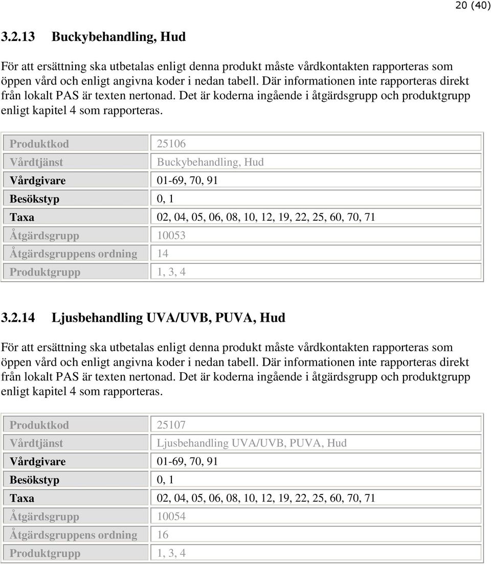 Produktkod 25106 Buckybehandling, Hud Vårdgivare 01-69, 70, 91 Besökstyp 0, 1 Taxa 02, 04, 05, 06, 08, 10, 12, 19, 22, 25, 60, 70, 71 Åtgärdsgrupp 10053 Åtgärdsgruppens ordning 14 Produktgrupp 1, 3,